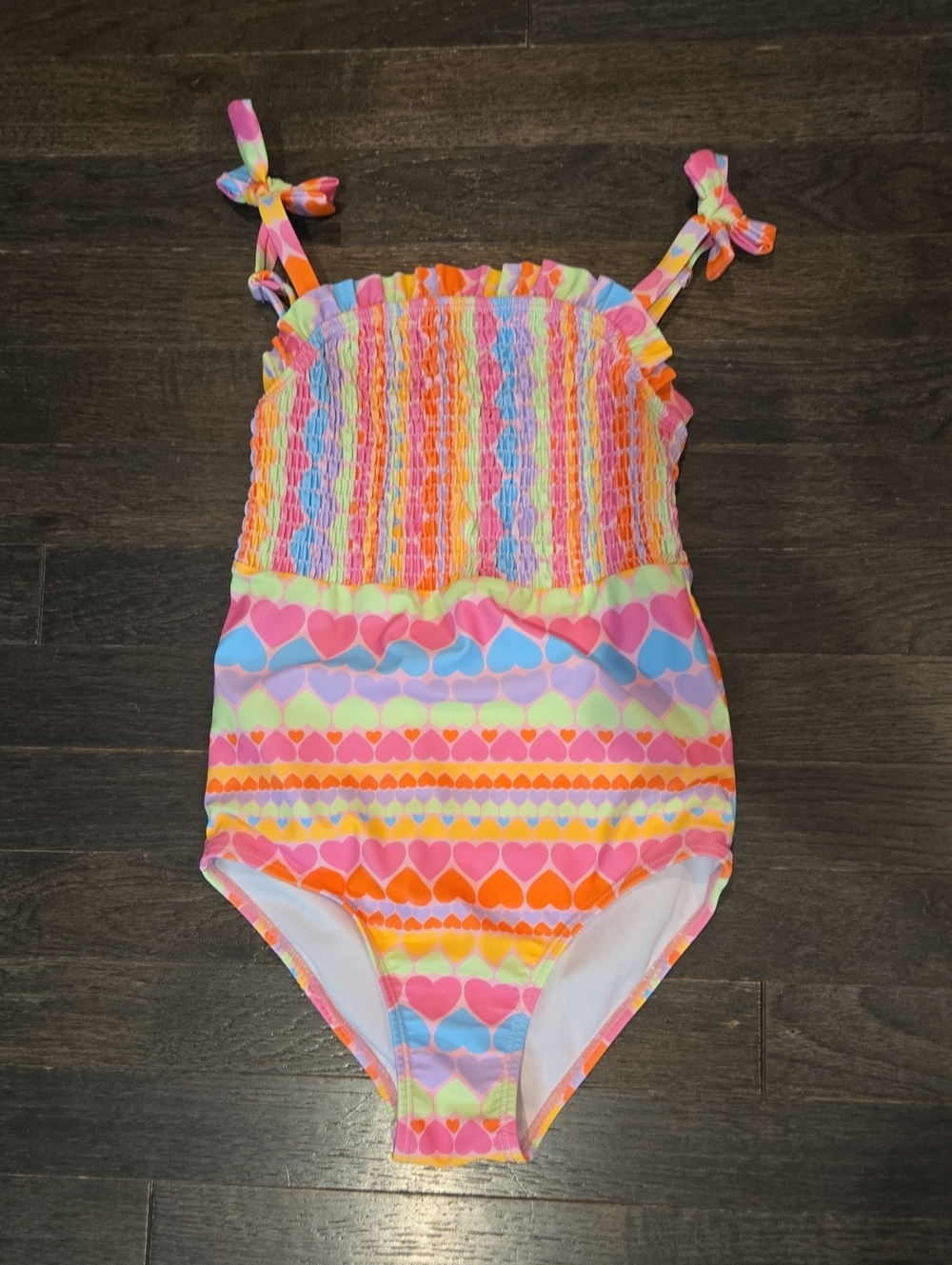 Girl's Swimwear One Piece Bathing Suit w/Adjustable Straps, Bows, Neon - SZ 8
